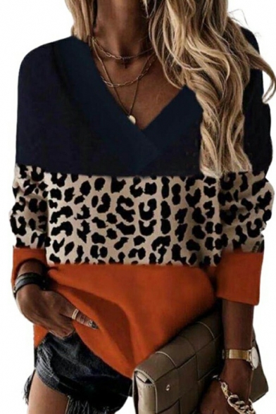 Urban Mens Sweatshirt Leopard Print V-neck Long-Sleeved Regular Fitted Sweatshirt