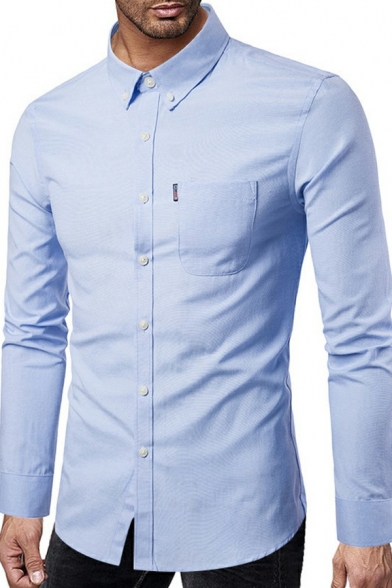 Vintage Men's Shirt Plain Long Sleeves Pocket Detail Button-down Collar Shirt