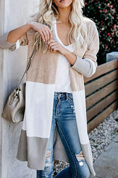 Women Basic Cardigan Contrast Color Long Sleeve Open Front Fitted Knit Cardigan