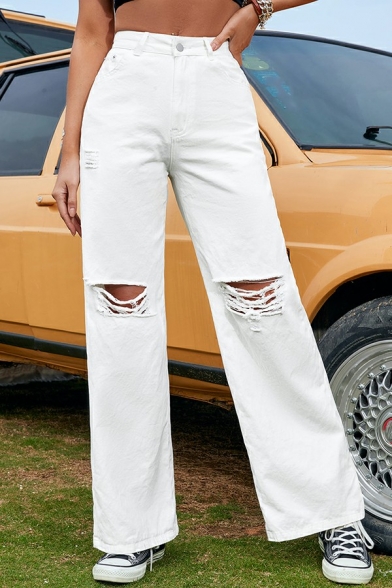 Women Street Style Flared Jeans Plain Long Length Zip Distressed High Waist Jeans
