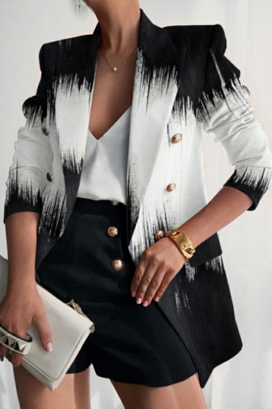Women Unique Suit Blazer Stripe Print Lapel Collar Open Front Button Detail Suit Blazer