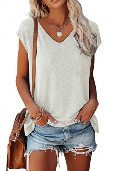 Womens Classic T-shirt Pure Color Short Sleeve V-Neck Relaxed Fit Tee Top