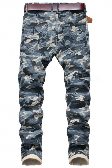 Casual Mens Camouflage Jeans Medium Wash Pocket Detail Zipper Placket Jeans