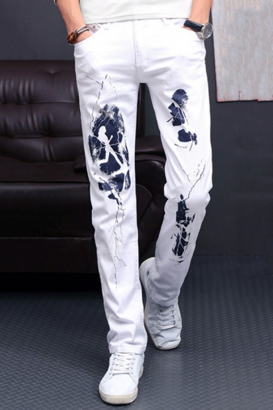 Casual Mens Jeans Ink Pattern Medium Wash Pocket Detail Zipper Placket Jeans in White