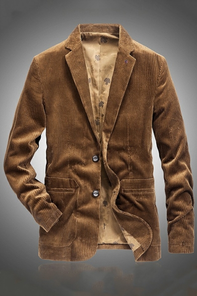 Comfortable Corduroy Blazer Plain Pocket Lapel Collar Texture Design Regular Button up Blazer for Men