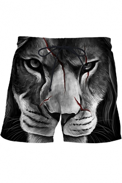 Elegant Shorts 3D Lion Pattern Pocket Drawstring Waist Relaxed Mid Rise Shorts for Boys