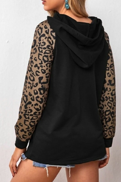 Ladies Girlish Hoodie Contrast Leopard Drawcord Relaxed Hoodie