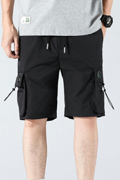 Men Stylish Cargo Shorts Plain Elastic Waist Pocket Detail Drawcord Shorts
