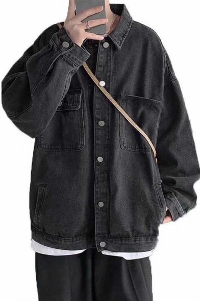 Modern Guys Denim Jacket Plain Button Closure Turn-down Collar Pocket Detail Denim Jacket
