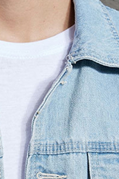 Modern Jacket Plain Chest Pocket Spread Collar Distressed Button-up Denim Jacket for Men