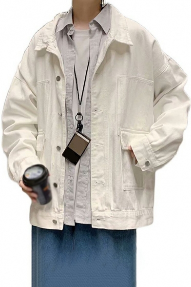 Popular Guys Denim Jacket Plain Spread Collar Button Closure Pocket Detail Denim Jacket