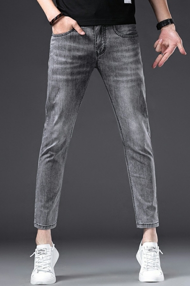 Popular Jeans Plain Bleach Pocket Zip Placket Ankle Length Regular Jeans for Guys