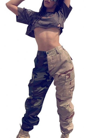 Popular Pants Contrasting Color Camouflage Mid Rise Pocket Detail Pants for Women