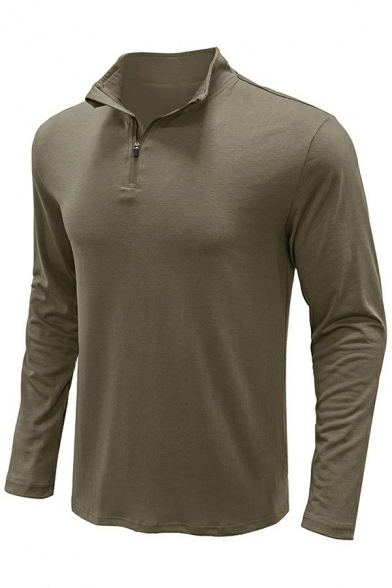 Simple Mens Polo Shirt Plain Long Sleeve Stand Collar Zip Closure Polo Shirt