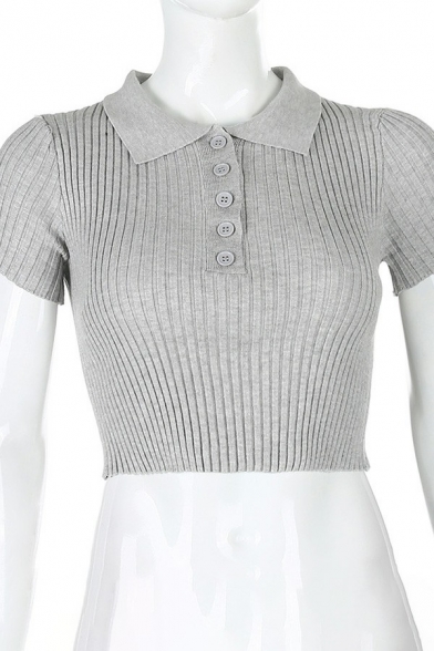 Stylish Crop Polo Shirt Plain Spread Collar 1/2 Button Short Sleeve Polo Knit Shirt for Women