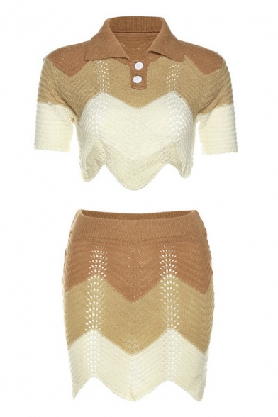 Trendy Color Block Set Irregular Hem Spread Collar Crop Polo Shirt & Mini Skirt Knit Set for Ladies
