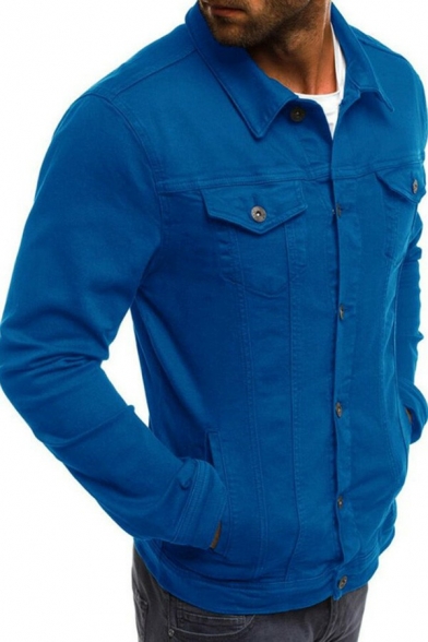 Vintage Plain Jacket Turn-down Collar Button Closure Pocket Detail Denim Jacket for Men