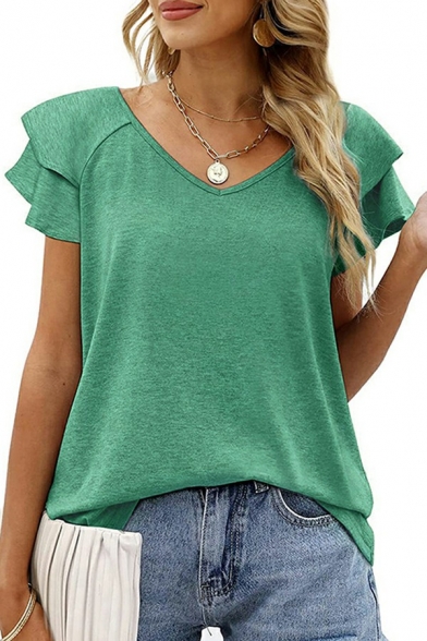 Women Basic T-shirt Pure Color Short Sleeve Lotus Leaf Cuffs V-Neck Tee Top