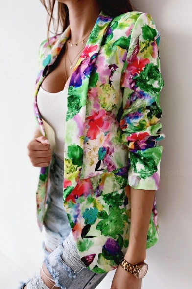 Women Dashing Suit Blazer Floral Print Lapel Collar Single Button Pocket Detail Suit Blazer