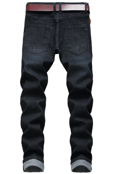 Casual Mens Pure Color Jeans Medium Wash Zipper Placket Full Length Jeans