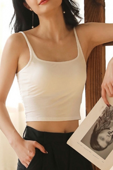 Charming Women Camisole Pure Color Backless Square Neck Crop Tank Top