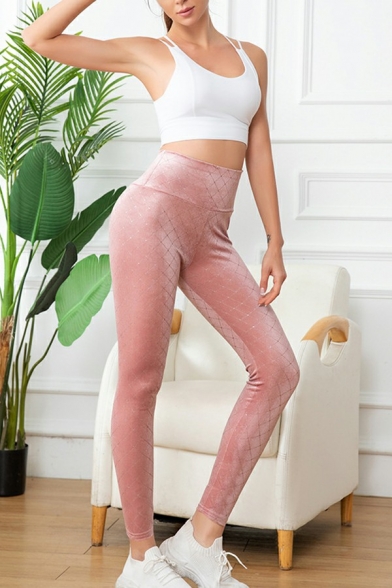 Chic Womens Yoga Leggings Velvet High Waist Plaid Print Cropped Leggings