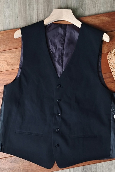 Classic Men's Blazer Vest Pure Color V-Neck Button Fly Suit Vest in Black