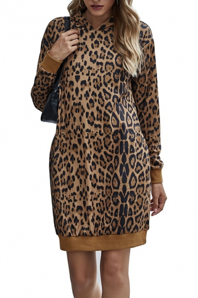 Comfortable Women Hoodie Leopard Print Long Sleeve Rib Hem Hoodie in Brown