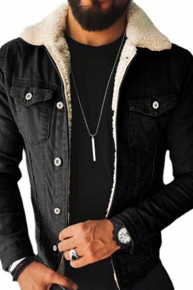 Dashing Mens Denim Jacket Plain Spread Collar Fleece Button Closure Pocket Detail Denim Jacket