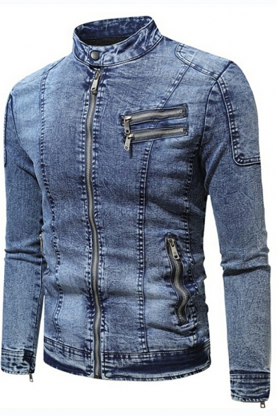 Men Basic Denim Jacket Plain Stand Collar Zipper Closure Pocket Detail Bleach Denim Jacket