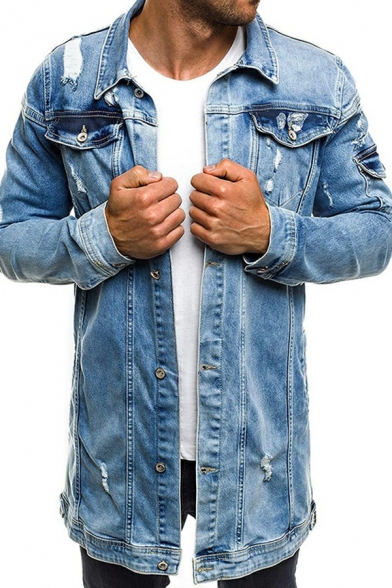 Men Classic Denim Jacket Plain Turn-down Collar Button down Distressed Denim Jacket