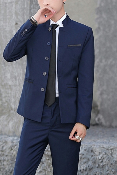 Men Modern Co-ords Pure Color Button Closure Stand Collar Front Pocket Pants Suit Co-ords