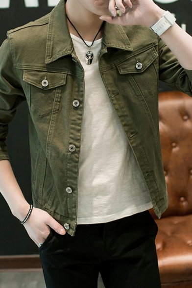 Modern Men's Denim Jacket Plain Spread Collar Button Closure Pocket Detail Denim Jacket