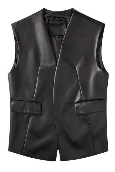 Modern Women Vest Pure Color PU Leather Open Front Pockets Detail Vest
