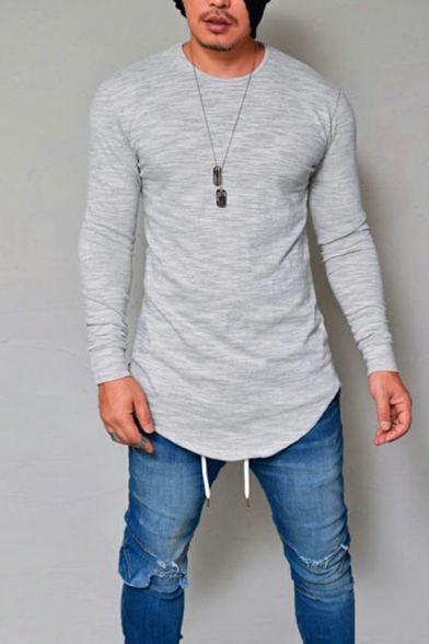 Simple Tee Shirt Pure Color Long-sleeved Round Neck Slim Curved Hem T-shirt for Men