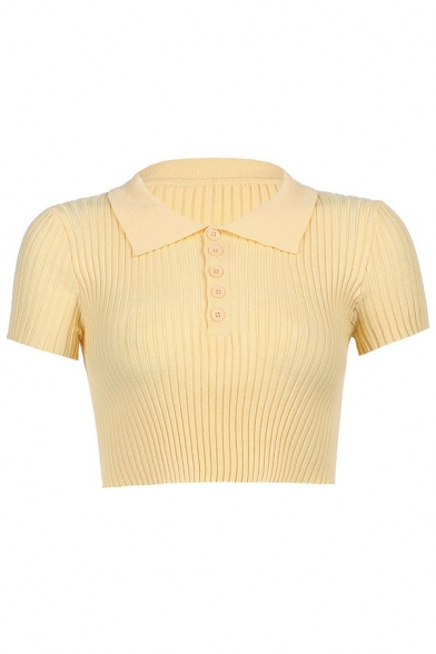 Stylish Crop Polo Shirt Plain Spread Collar 1/2 Button Short Sleeve Polo Knit Shirt for Women