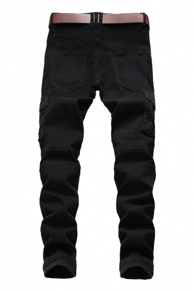 Stylish Mens Plain Jeans Medium Wash Zip Decoration Pocket Detail Zipper Placket Jeans