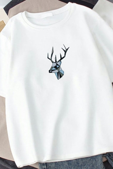 Stylish T-Shirt Elk Pattern Short Sleeves Loose Fit Round Neck T-Shirt for Men