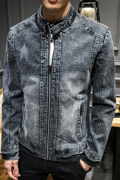 Vintage Guys Denim Jacket Plain Stand Collar Zip Closure Pocket Detail Denim Jacket