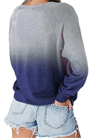 Vintage Women Sweatshirt Ombre Print Long Sleeve Crew Neck Rib Cuffs Sweatshirt