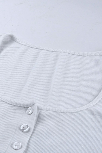 Women Vintage T-shirt Pure Color Short Sleeve Scoop Neck Button Closure Tee Top