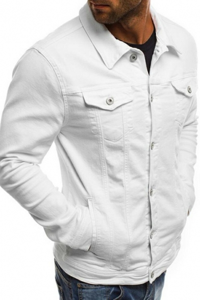 Basic Men Jacket Pure Color Pocket Detail Spread Collar Long Sleeve Button-up Denim Jacket