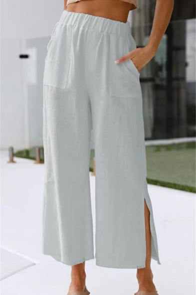 Basic Women Drawstring Plain Pants Mid Rise Split Design Pocket Detail Straight Fit Pants