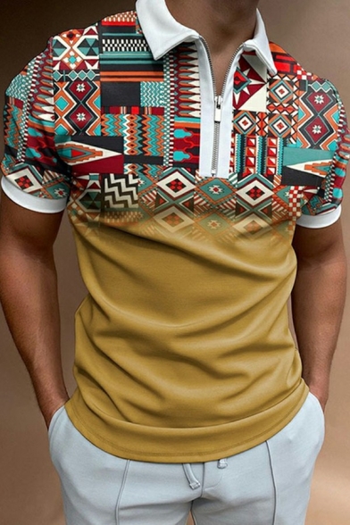 Chic Men Polo Shirt 3D Stripe Printed Zipper Detail Spread Collar Short Sleeves Polo Shirt