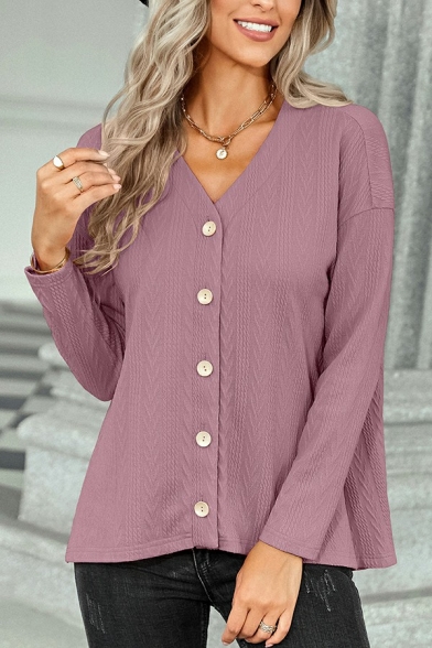 Daily Women Cardigan Plain Long Sleeve V-neck Button Down Cardigan Sweater