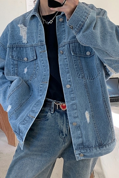 Dashing Guys Denim Jacket Plain Spread Collar Worn Design Button Closure Pocket Detail Denim Jacket