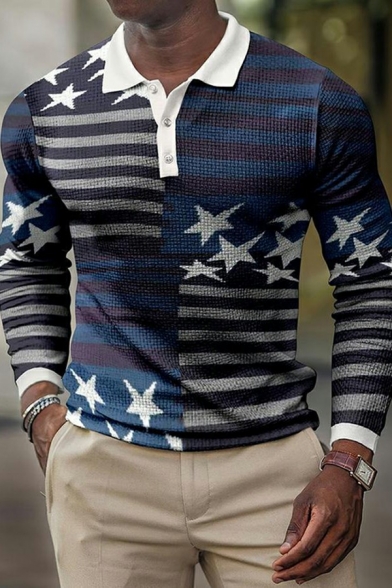 Dashing Polo Shirt 3D Pattern Zip-up Long Sleeve Spread Collar Polo Shirt for Men