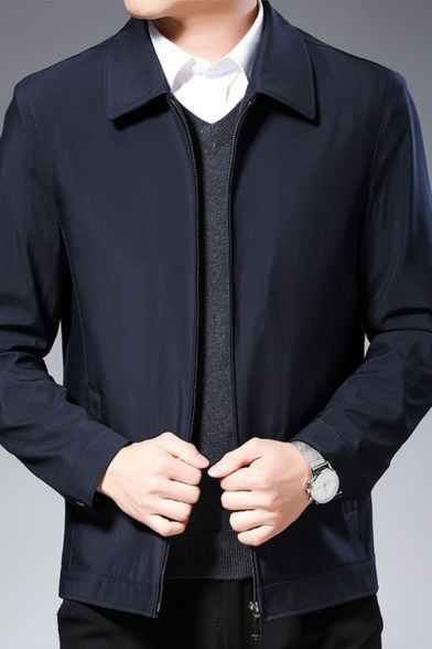 Fancy Jacket Pure Color Long Sleeve Spread Collar Regular Zip Fly Jacket for Men