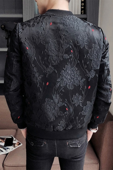 Guy's Vintage Jacket Floral Printed Pocket Long Sleeve Stand Collar Zip Placket Jacket