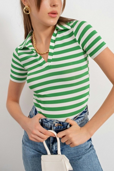 Leisure Womens Polo Shirt Striped Pattern V Neck Short Sleeve Knitted Polo Shirt